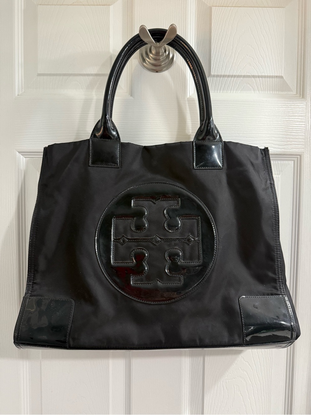 Tory Burch Black Nylon 16” Tote with Patent Logo Medallion